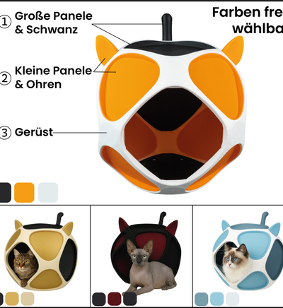 PetPod Katzenhaus mit farblich frei wählbaren Zonen – Beispielkombinationen für Gerüst, 4-eckige Panele mit Schwanz und 3-eckige Panele mit Ohren
