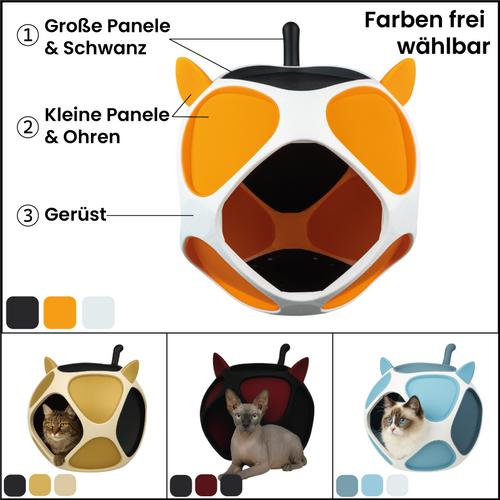 PetPod Katzenhaus mit farblich frei wählbaren Zonen – Beispielkombinationen für Gerüst, 4-eckige Panele mit Schwanz und 3-eckige Panele mit Ohren