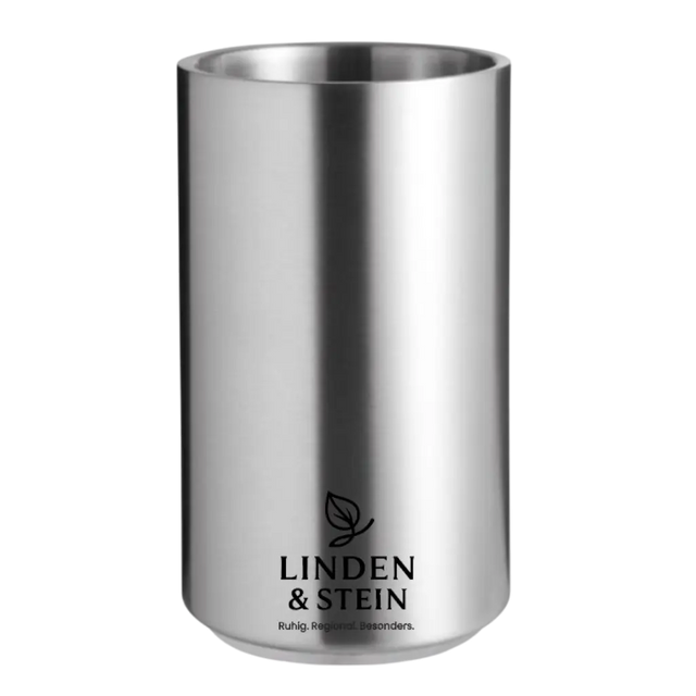 Doppelwandiger Edelstahl-Flaschenkühler mit Gravur – Ø11,5 × 18,5 cm, rostfrei & personalisiert, graviert in Wien bei Dreizack

