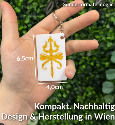 Nahaufnahme des Keynect NFC-Schlüsselanhängers inkl. Größe mit strukturierter Oberfläche, 3D-Druck-Optik und glänzender Öse.