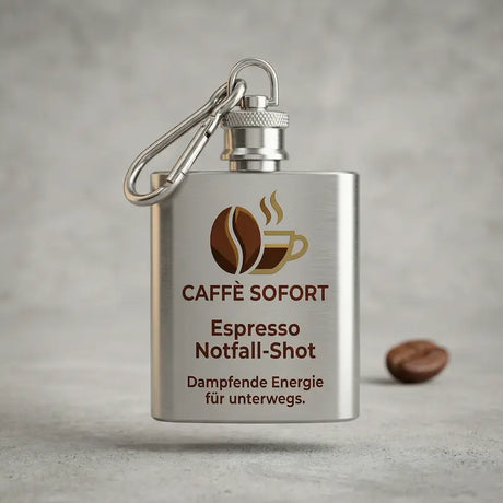 Kompakter Flachmann Schlüsselanhänger aus glänzendem Edelstahl mit Karabinerhaken und Wunschdesign bedruckt.