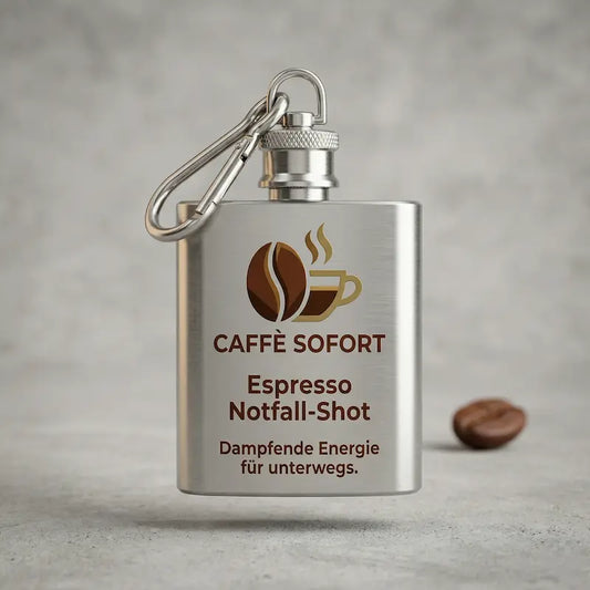 Kompakter Flachmann Schlüsselanhänger aus glänzendem Edelstahl mit Karabinerhaken und Wunschdesign bedruckt.