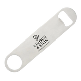 Edelstahl-Flaschenöffner mit Gravur – personalisierbar mit Namen oder Logo, 18×4 cm, mit Schlüsselring, graviert in Wien bei Dreizack