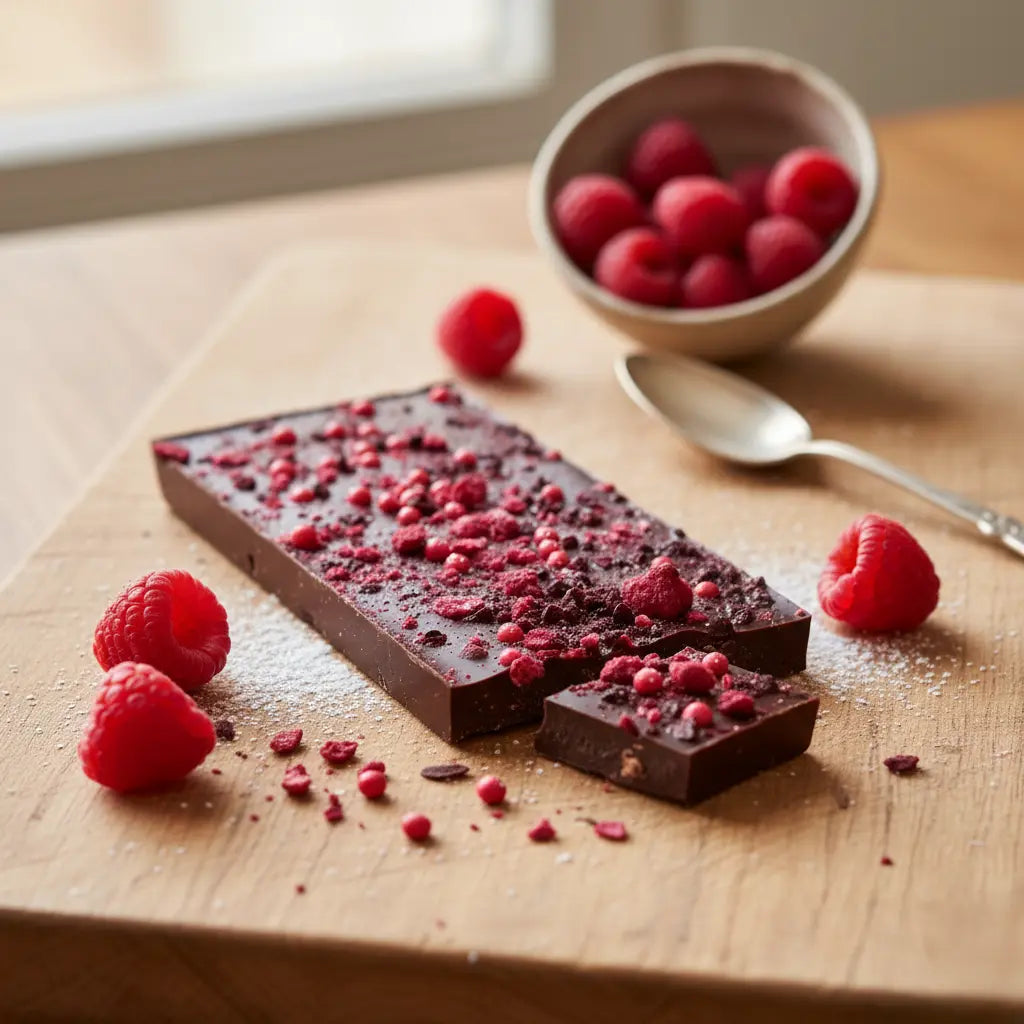 Schokoriegel Kirsche & Himbeere – handgemachte dunkle Schokolade mit gefriergetrockneten Früchten, 100 g, Love In A Box Chocolatier