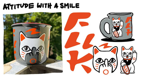 Freche Keramiktasse „F You Neko“ von Heldbergs Games mit Lucky Cat Mittelfinger-Motiv