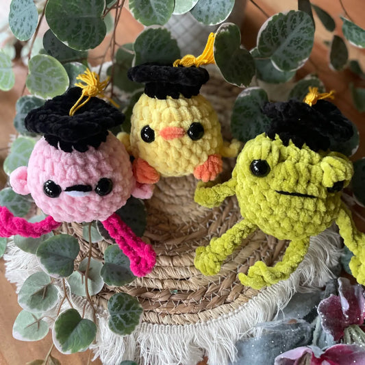 Amigurumi Flamingo mit Graduation Hut handgehäkelt, ca. 13 × 13 cm, Handmade Kuscheltier zur Matura oder Abschlussfeier von Loras Handicrafts