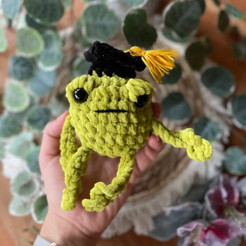 Amigurumi Frosch mit Graduation Hut handgehäkelt, ca. 13 × 13 cm, Handmade Kuscheltier zur Matura oder Uni Abschlussfeier von Loras Handicrafts