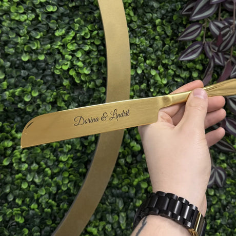 Tortenheber und Messer Set Gold oder Silber – Edelstahl Hochzeits-Set mit Gravur, personalisierbar, graviert in Wien, Geschenkidee Dreizack Wien