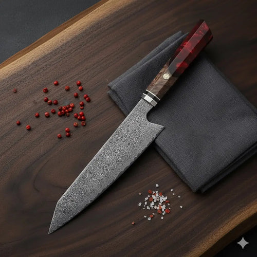 Akuma Damastmesser rot – VG10-Kern, 67 Lagen Damaststahl & persönliche Gravur von Dreizack Wien