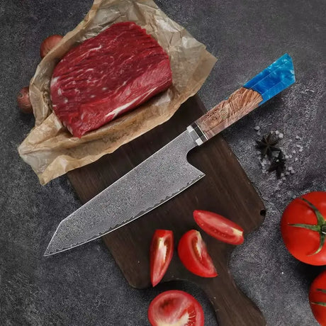 Umi Damastmesser blau – VG10-Kern, 67 Lagen Damaststahl & Wunschgravur von Dreizack Wien