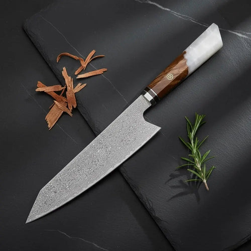 Tenshi Damastmesser weiß – VG10-Kern, 67 Lagen Damaststahl & Wunschgravur von Dreizack Wien