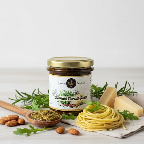 Mandel-Rucola Pesto – handgemachtes Pesto mit Rucola, Mandeln & Rosmarin, 130 g Glas, hergestellt im Burgenland von Kronenfeinkost