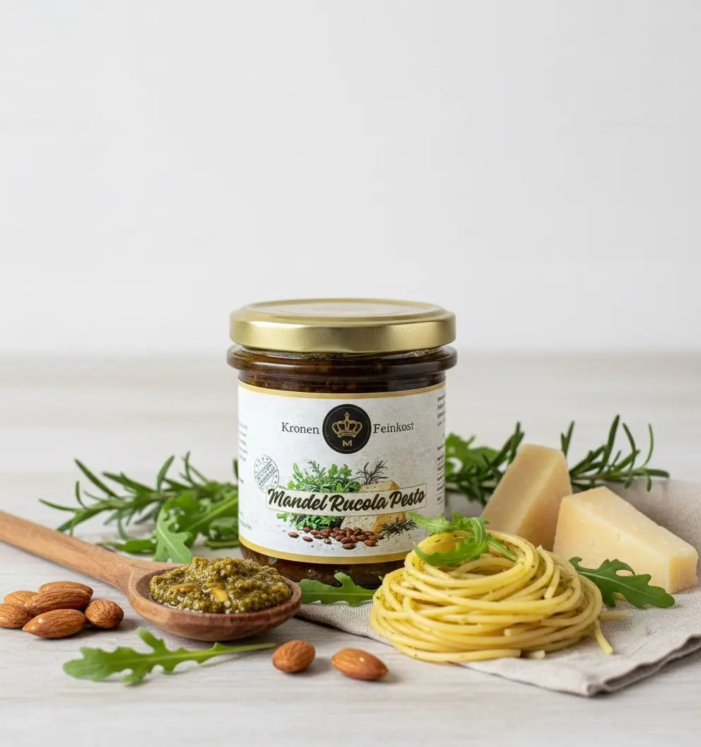 Mandel-Rucola Pesto – handgemachtes Pesto mit Rucola, Mandeln & Rosmarin, 130 g Glas, hergestellt im Burgenland von Kronenfeinkost