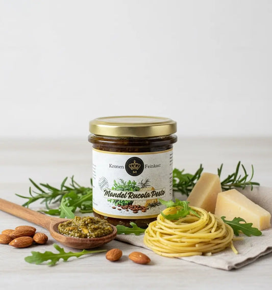 Mandel-Rucola Pesto – handgemachtes Pesto mit Rucola, Mandeln & Rosmarin, 130 g Glas, hergestellt im Burgenland von Kronenfeinkost