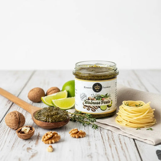 Walnuss Pesto – handgemachtes Pesto aus gerösteten Walnüssen, Cashews & Limetten, 130 g Glas, hergestellt im Burgenland von Kronenfeinkost