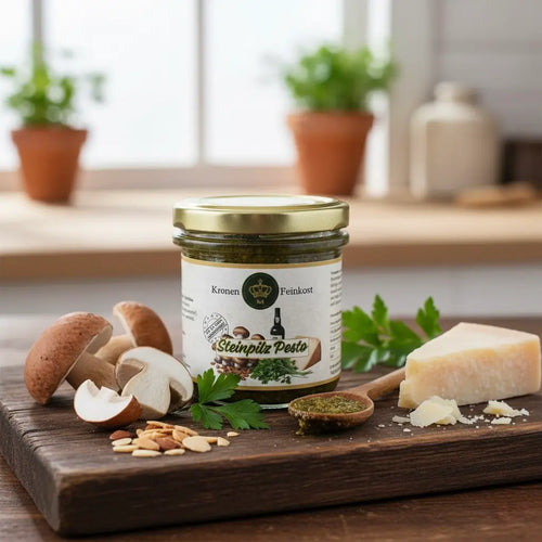 Steinpilz Pesto – handgemachtes Pesto mit 21 % Steinpilzen, Mandeln & Portwein, 130 g Glas, hergestellt im Burgenland von Kronenfeinkost