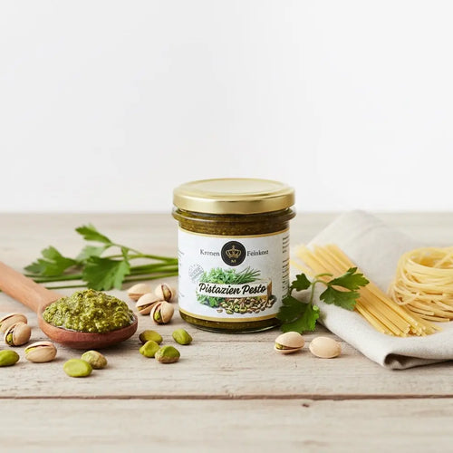 Pistazien Pesto – handgemachtes Pesto aus gerösteten Pistazien & Cashews, 130 g Glas, hergestellt im Burgenland von Kronenfeinkost
