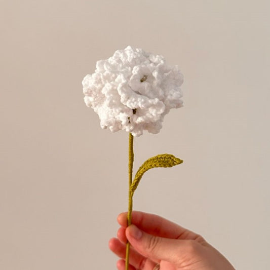 Handgehäkelte Nelke in Weiß, ca. 30 cm lang, aus hochwertigem Garn. Zeitlose Blüte, verwelkt nie, perfekt für Vasen oder als Geschenk. Über 20 Blumenarten verfügbar, ideal für individuelle Sträuße.