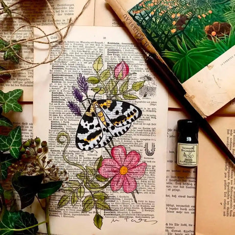 Original-Illustration von Book Fairy Art auf alter Buchseite mit Passepartout und optionalem Nussrahmen – nachhaltige Kunst aus Österreich