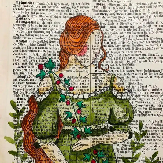 Original-Illustration von Book Fairy Art auf alter Buchseite mit Passepartout und optionalem Nussrahmen – nachhaltige Kunst aus Österreich