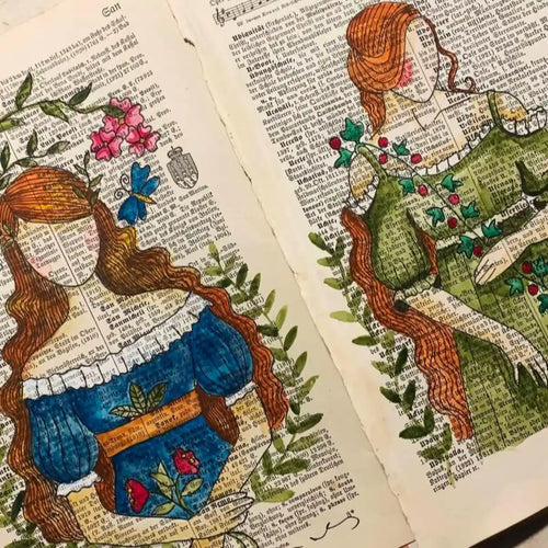 Original-Illustration von Book Fairy Art auf alter Buchseite mit Passepartout und optionalem Nussrahmen – nachhaltige Kunst aus Österreich