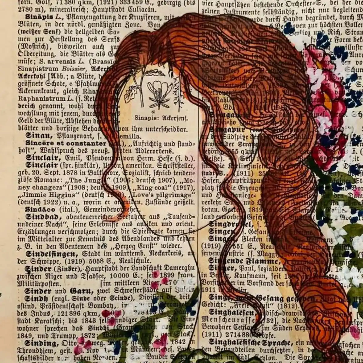 Original-Illustration von Book Fairy Art auf alter Buchseite mit Passepartout und optionalem Nussrahmen – nachhaltige Kunst aus Österreich