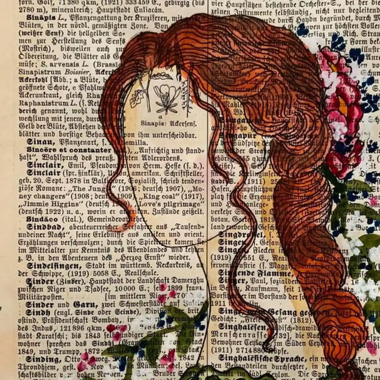 Original-Illustration von Book Fairy Art auf alter Buchseite mit Passepartout und optionalem Nussrahmen – nachhaltige Kunst aus Österreich