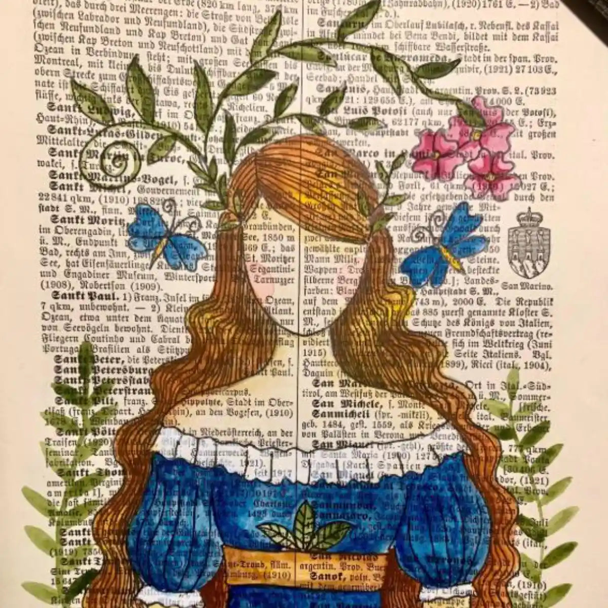 Original-Illustration von Book Fairy Art auf alter Buchseite mit Passepartout und optionalem Nussrahmen – nachhaltige Kunst aus Österreich