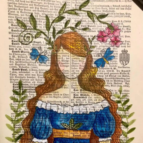 Original-Illustration von Book Fairy Art auf alter Buchseite mit Passepartout und optionalem Nussrahmen – nachhaltige Kunst aus Österreich