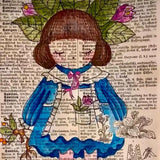 Original-Illustration von Book Fairy Art auf alter Buchseite mit Passepartout und optionalem Nussrahmen – nachhaltige Kunst aus Österreich