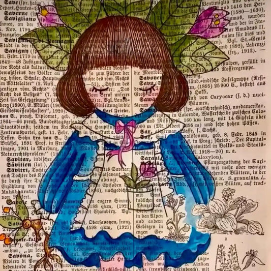 Original-Illustration von Book Fairy Art auf alter Buchseite mit Passepartout und optionalem Nussrahmen – nachhaltige Kunst aus Österreich