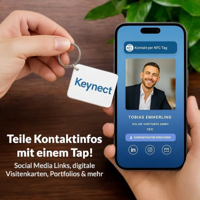 Keynect NFC-Schlüsselanhänger wird auf ein Smartphone getappt, um digitale Kontaktdaten zu übertragen – kontaktlos, ohne App.