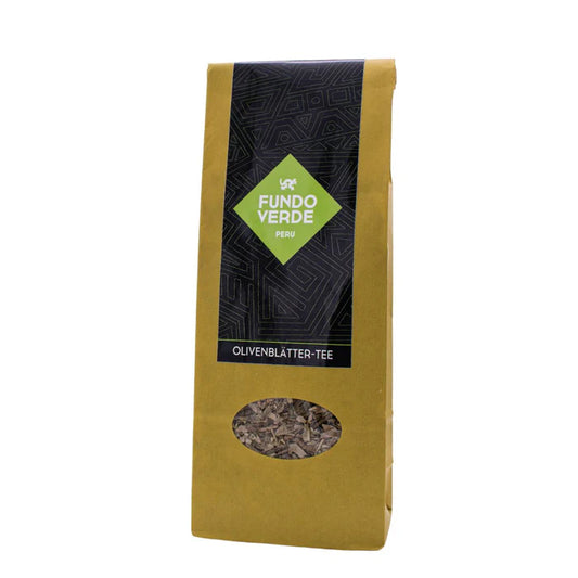 Olivenblätter Tee aus dem Yauca Tal – 100 % natürliche Olivenblätter, reich an Antioxidantien und Oleuropein, koffeinfrei, 150 g, nachhaltig produziert auf der Familienplantage Matos in Peru.


