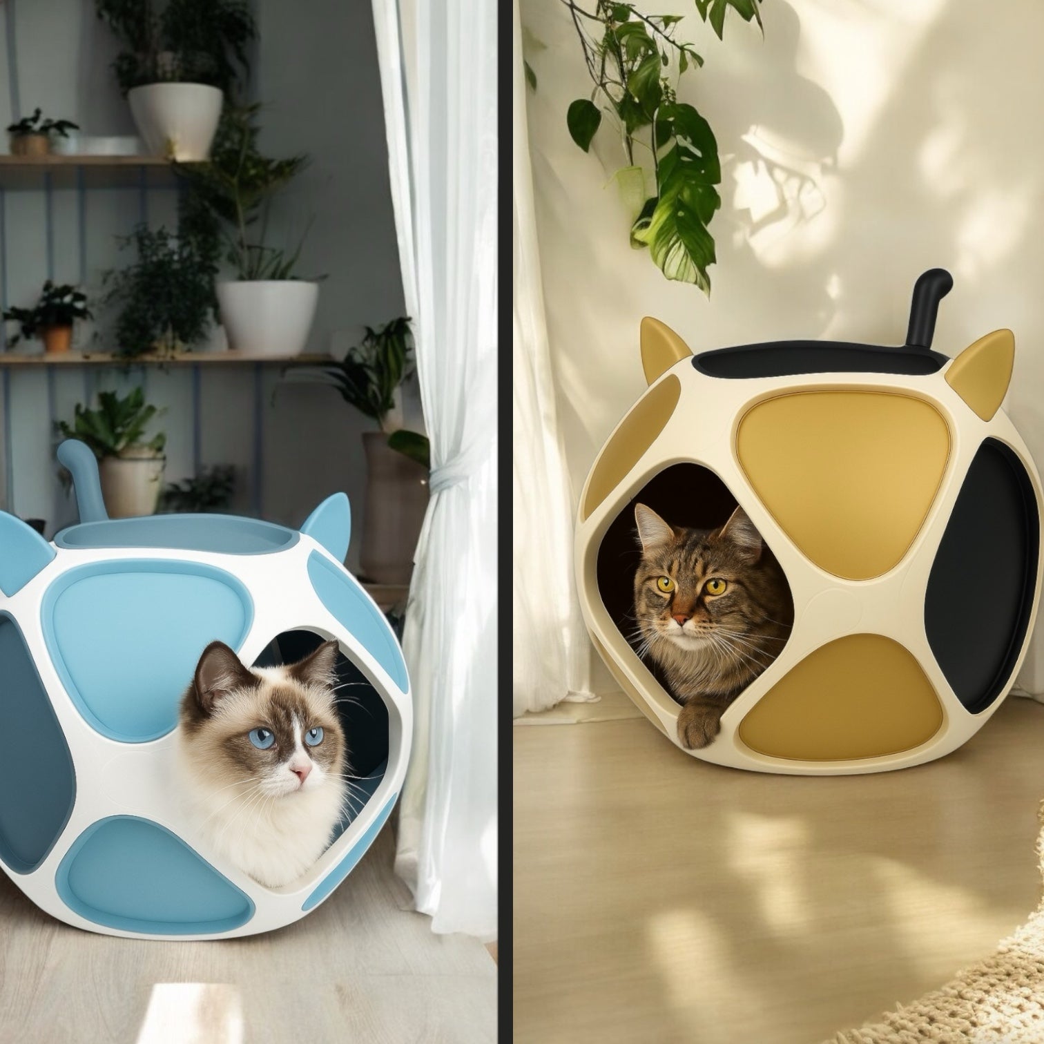 Echte Wohnsituation mit dem PetPod Katzenhaus von Dreizack – Katze liegt entspannt im individuell gestalteten Designerhaus