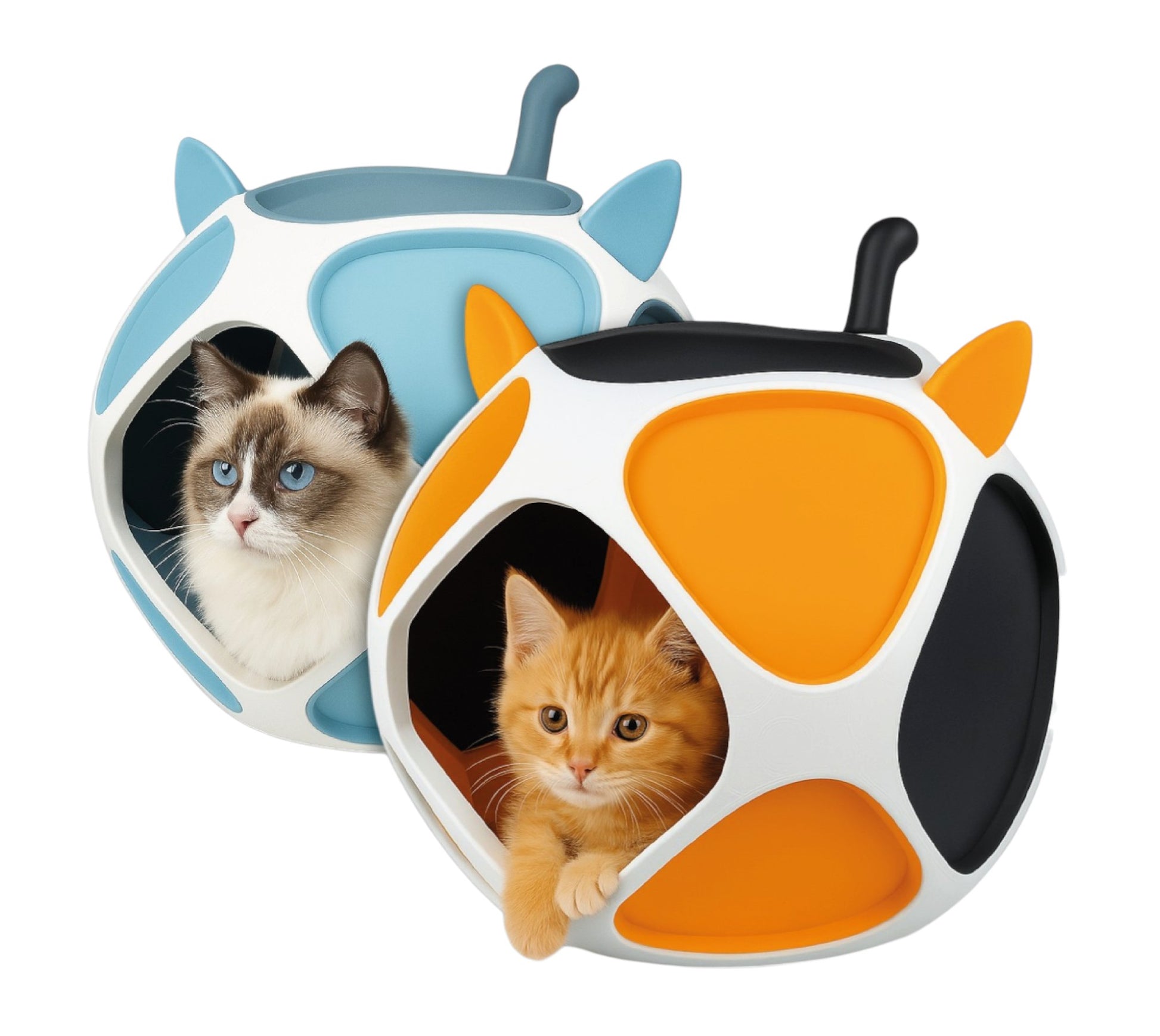 Zwei farblich unterschiedliche PetPod Katzenhäuser mit Katzen, modular und individuell gestaltet, produziert in Wien von Dreizack

