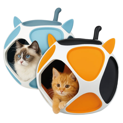 Zwei farblich unterschiedliche PetPod Katzenhäuser mit Katzen, modular und individuell gestaltet, produziert in Wien von Dreizack

