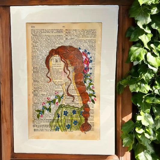 Original-Illustration von Book Fairy Art auf alter Buchseite mit Passepartout und optionalem Nussrahmen – nachhaltige Kunst aus Österreich