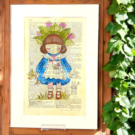 Original-Illustration von Book Fairy Art auf alter Buchseite mit Passepartout und optionalem Nussrahmen – nachhaltige Kunst aus Österreich