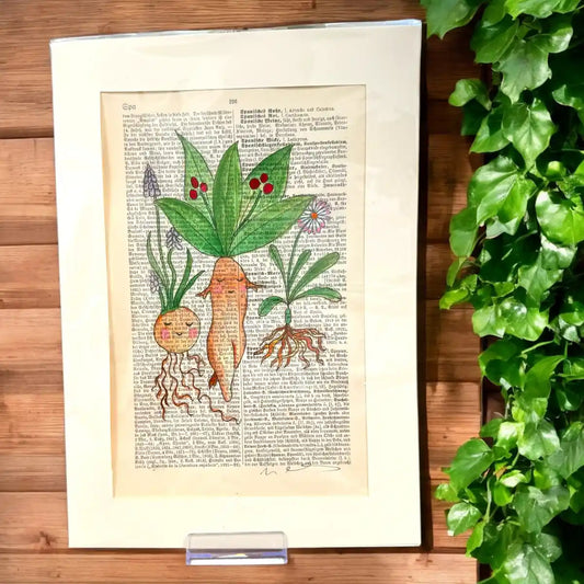 Original-Illustration von Book Fairy Art auf alter Buchseite mit Passepartout und optionalem Nussrahmen – nachhaltige Kunst aus Österreich