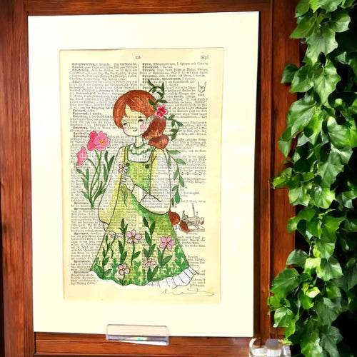 Original-Illustration von Book Fairy Art auf alter Buchseite mit Passepartout und optionalem Nussrahmen – nachhaltige Kunst aus Österreich