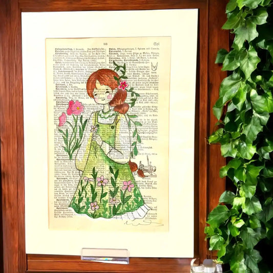 Original-Illustration von Book Fairy Art auf alter Buchseite mit Passepartout und optionalem Nussrahmen – nachhaltige Kunst aus Österreich
