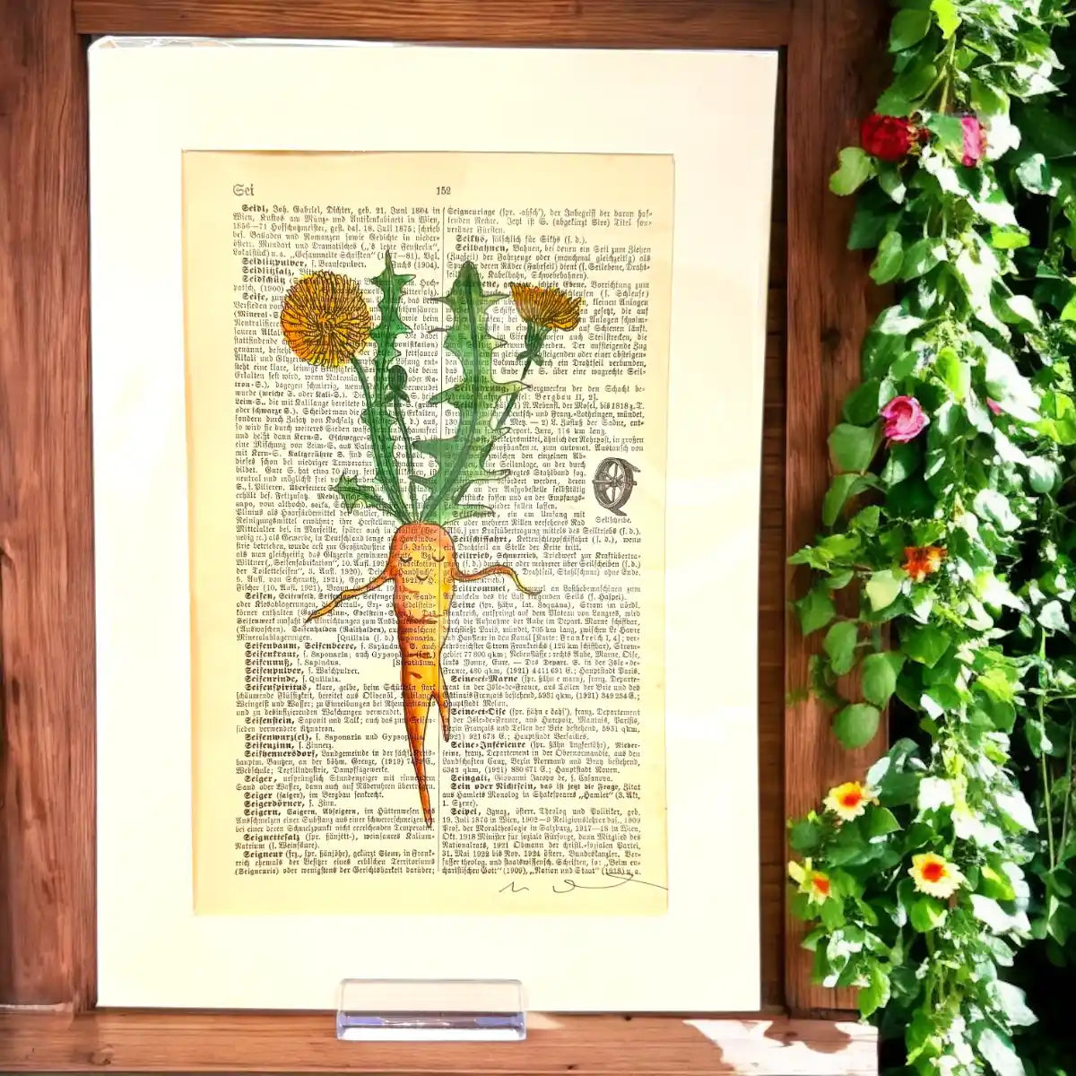 Original-Illustration von Book Fairy Art auf alter Buchseite mit Passepartout und optionalem Nussrahmen – nachhaltige Kunst aus Österreich