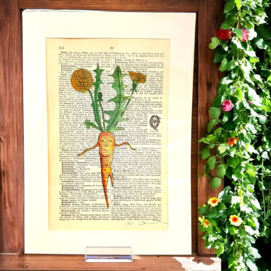 Original-Illustration von Book Fairy Art auf alter Buchseite mit Passepartout und optionalem Nussrahmen – nachhaltige Kunst aus Österreich