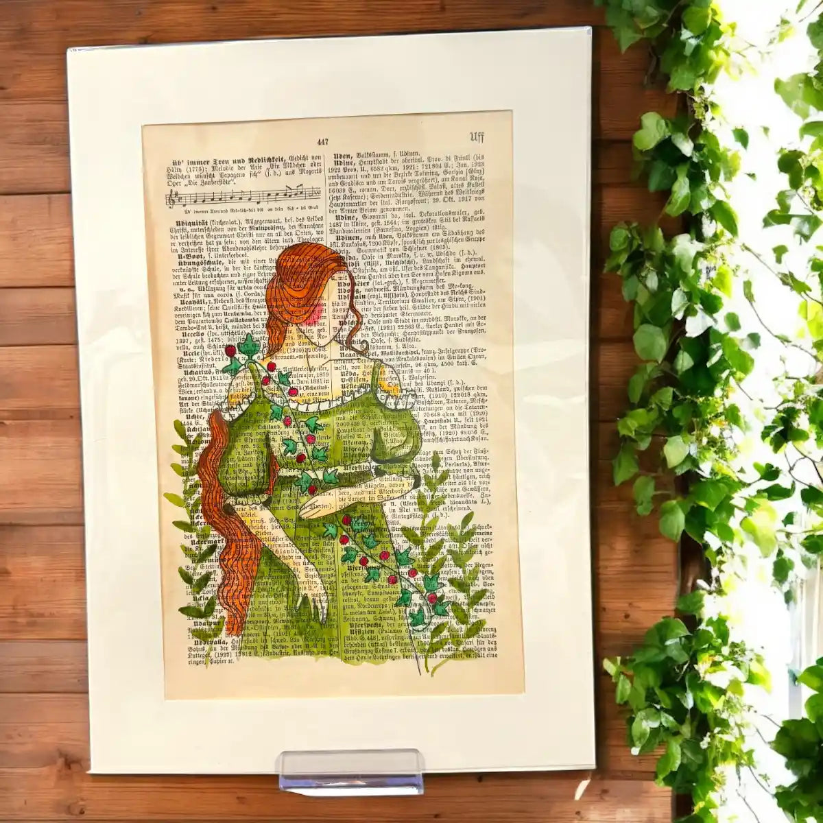 Original-Illustration von Book Fairy Art auf alter Buchseite mit Passepartout und optionalem Nussrahmen – nachhaltige Kunst aus Österreich