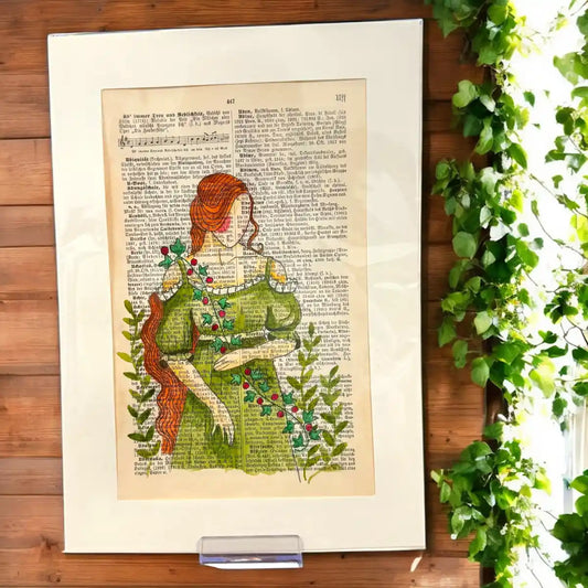Original-Illustration von Book Fairy Art auf alter Buchseite mit Passepartout und optionalem Nussrahmen – nachhaltige Kunst aus Österreich