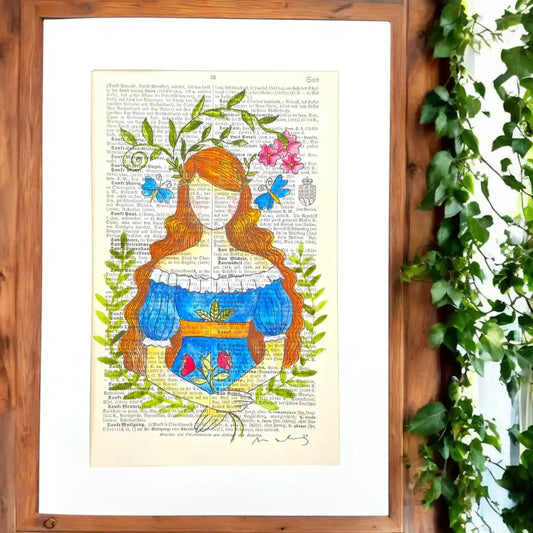 Original-Illustration von Book Fairy Art auf alter Buchseite mit Passepartout und optionalem Nussrahmen – nachhaltige Kunst aus Österreich