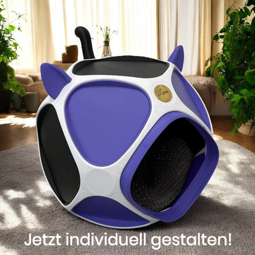 PetPod Katzenhaus von Dreizack in realer Wohnumgebung – Katze liegt entspannt im individuell gestaltbaren Designer-Katzenhaus
