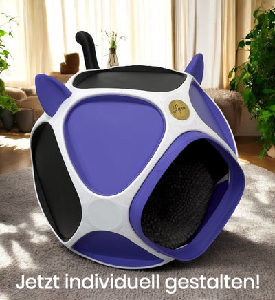 PetPod Katzenhaus von Dreizack in realer Wohnumgebung – Katze liegt entspannt im individuell gestaltbaren Designer-Katzenhaus