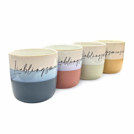 Bunter Becher von Sabrinart Design – Steinzeug mit personalisierter Lasergravur, 20cl, handmade aus dem Weinviertel