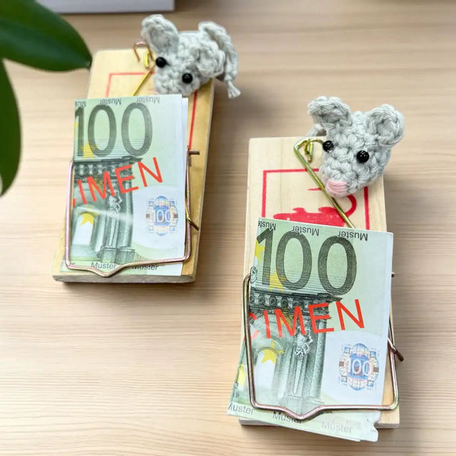 Handgemachtes Geldgeschenk Mausefalle mit gehäkelter Maus – humorvolle Geschenkidee mit Geldschein, Handmade von Nette Dinge